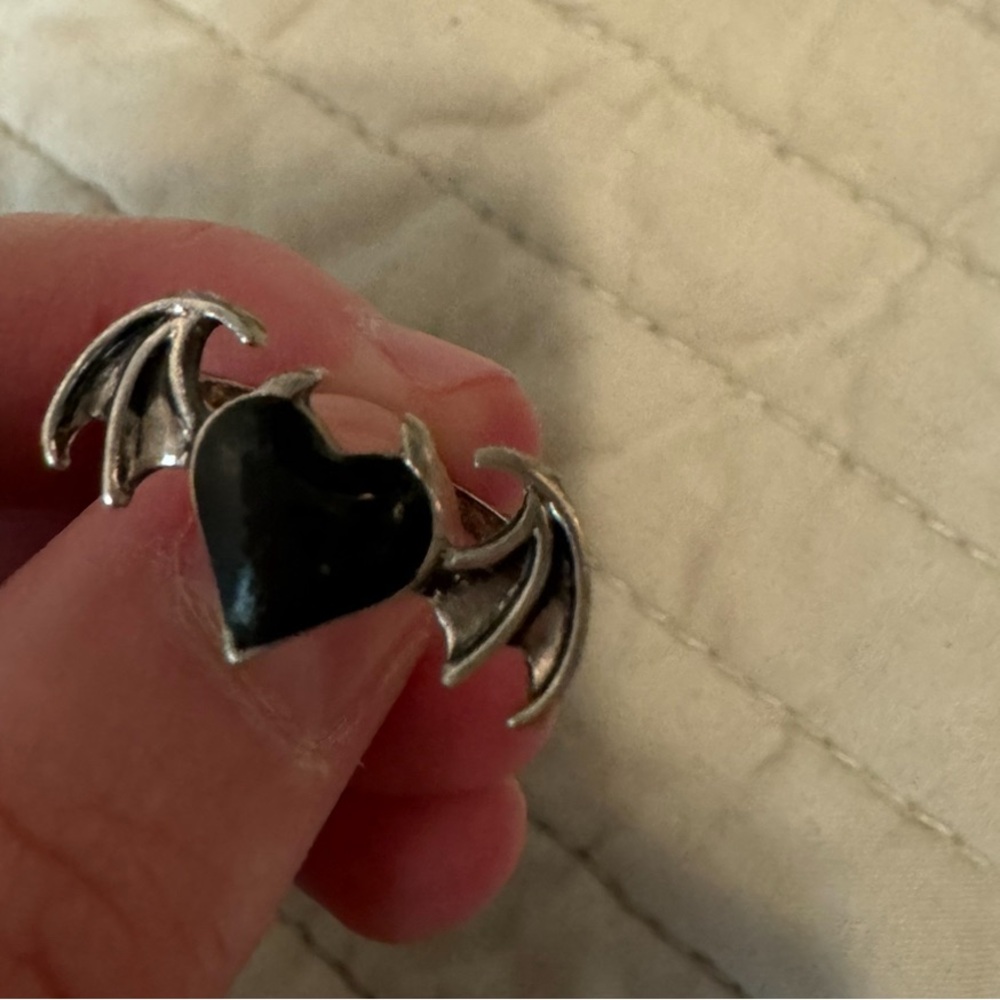 Silver and Black Heart Bat Wing Ring